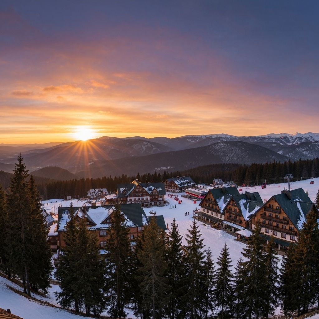 Mountain resort at sunset
